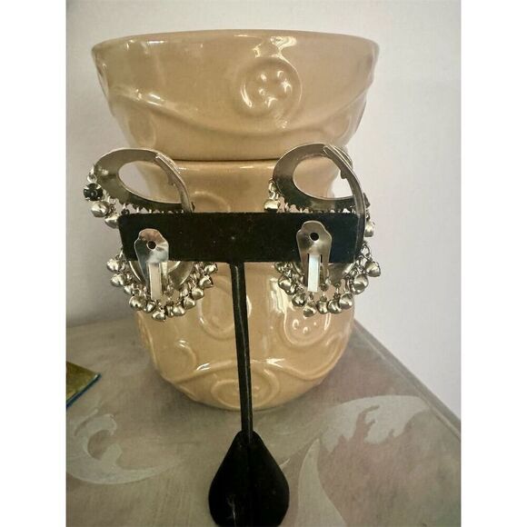 Vintage Tribal Hoop Earrings Black Beads Oxidized Silver Clips - Picture 3 of 3